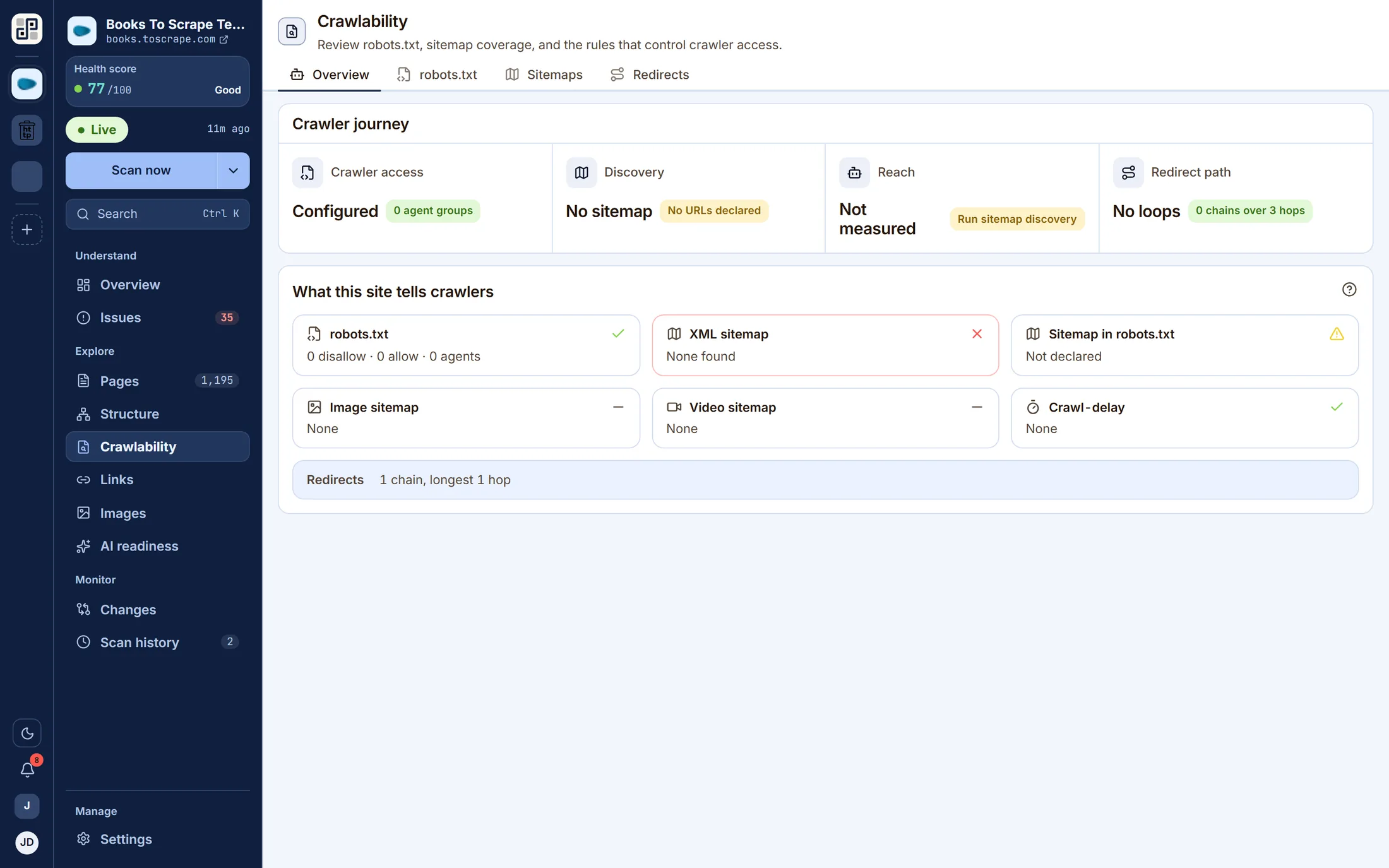 The crawlability screen: robots.txt rules and sitemap coverage compared.