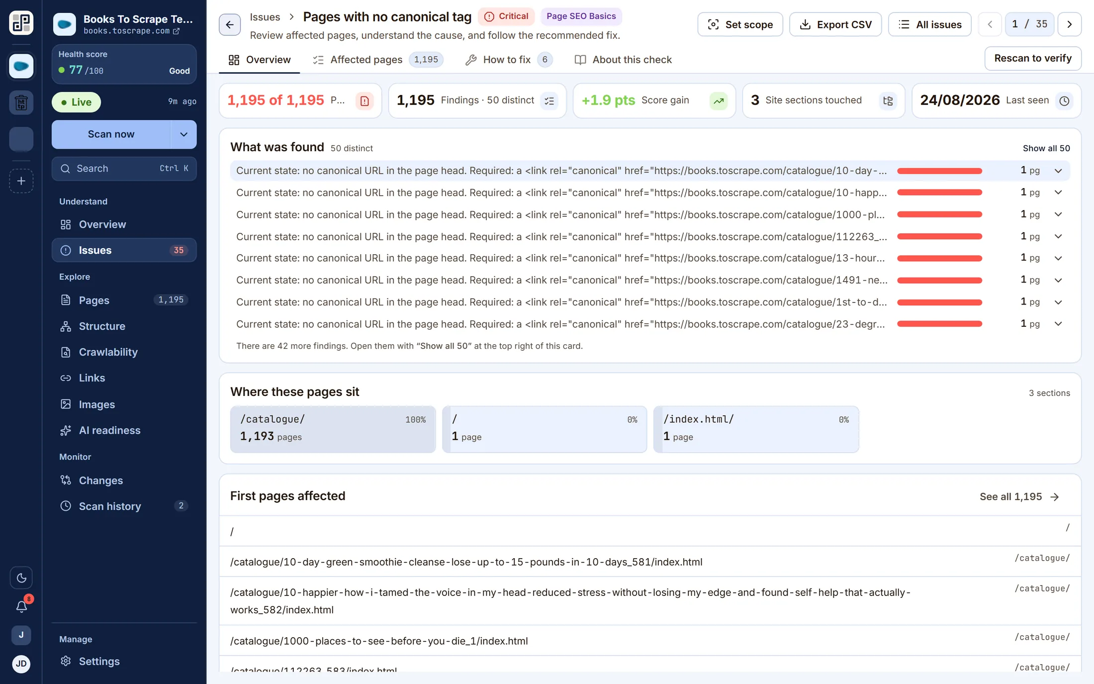 An issue detail screen showing the affected pages for one check alongside its inline guide.