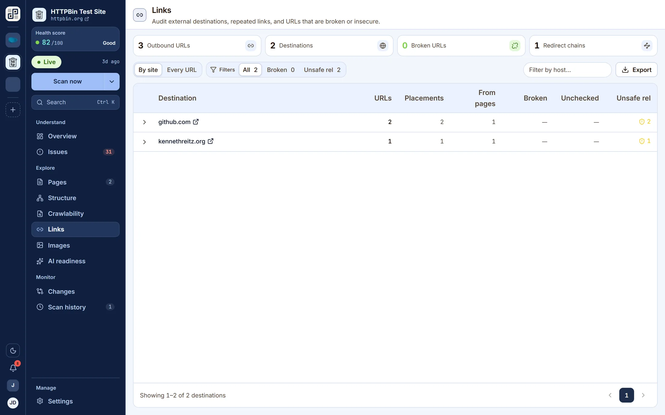 The links screen: external destinations with counts and status, grouped by target site.