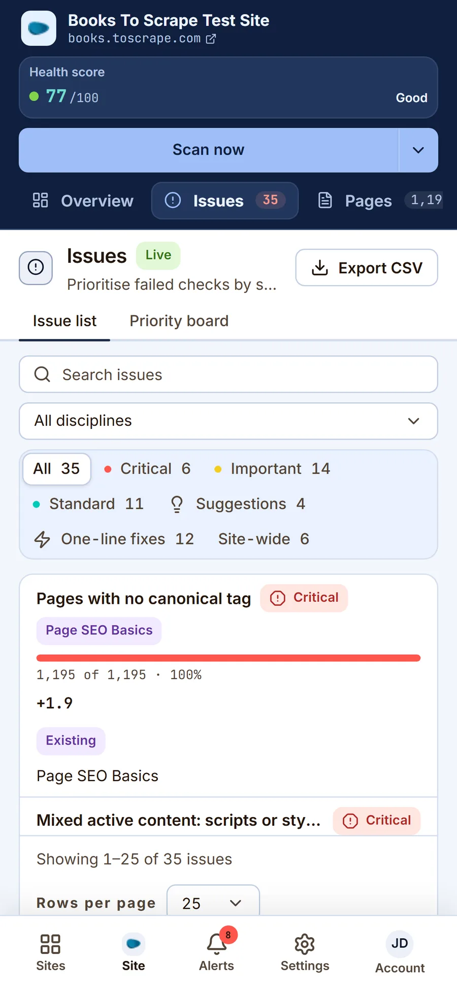 The issue work list on a phone: findings as stacked cards with severity and affected page counts.