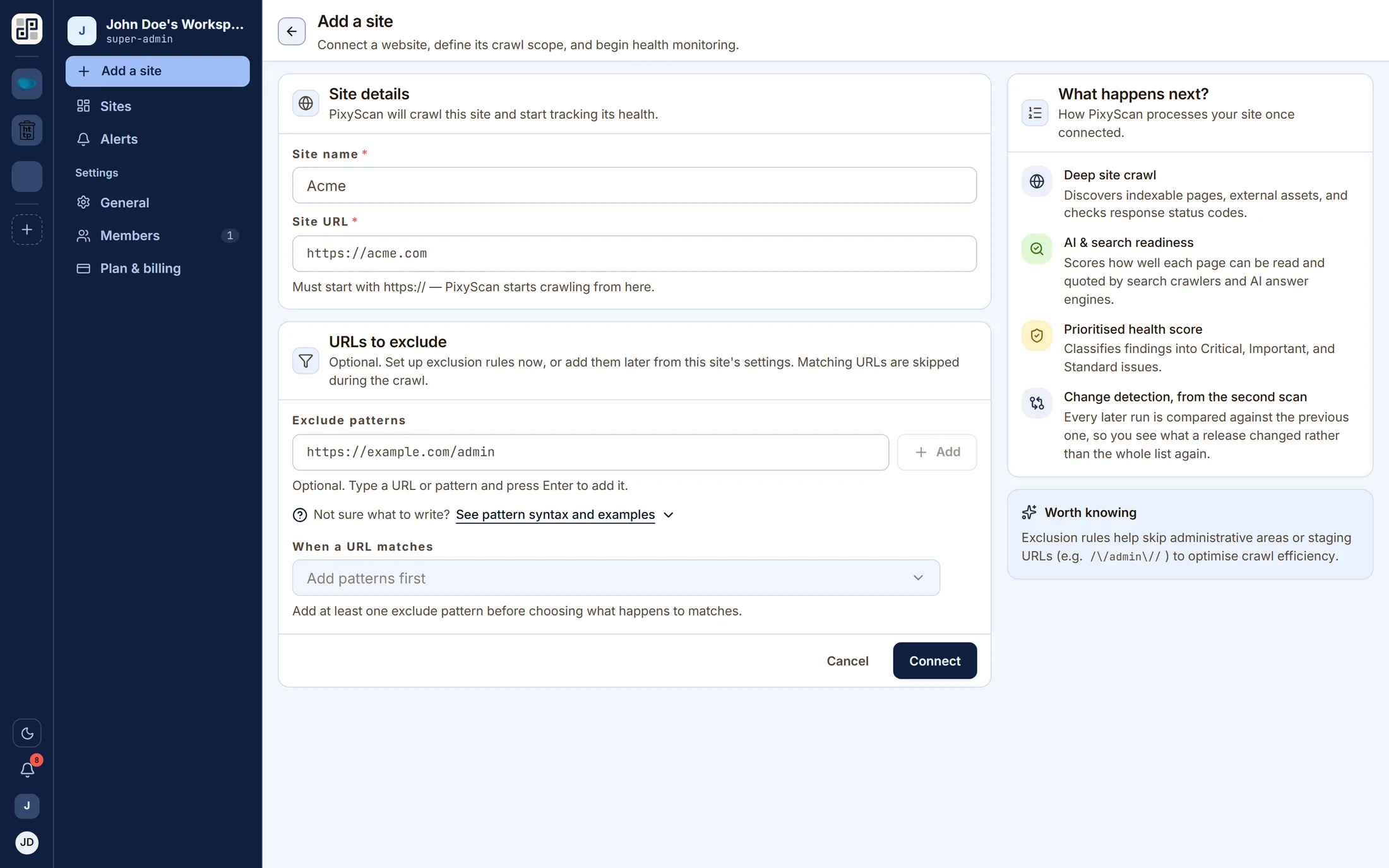 The add-a-site screen: URL, page budget and crawl rules.