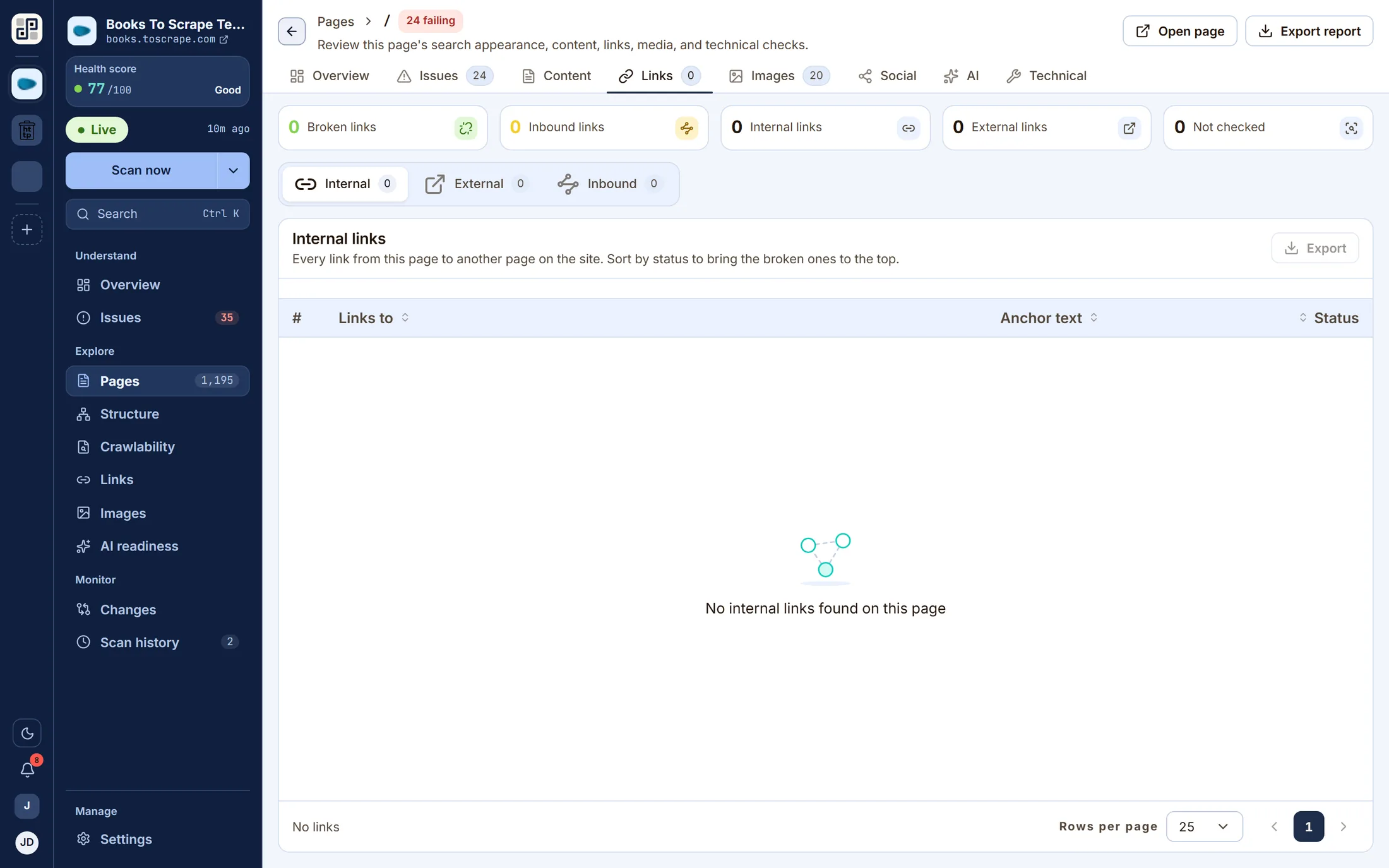 The links tab of a page report: internal and external links with anchor text and status codes.