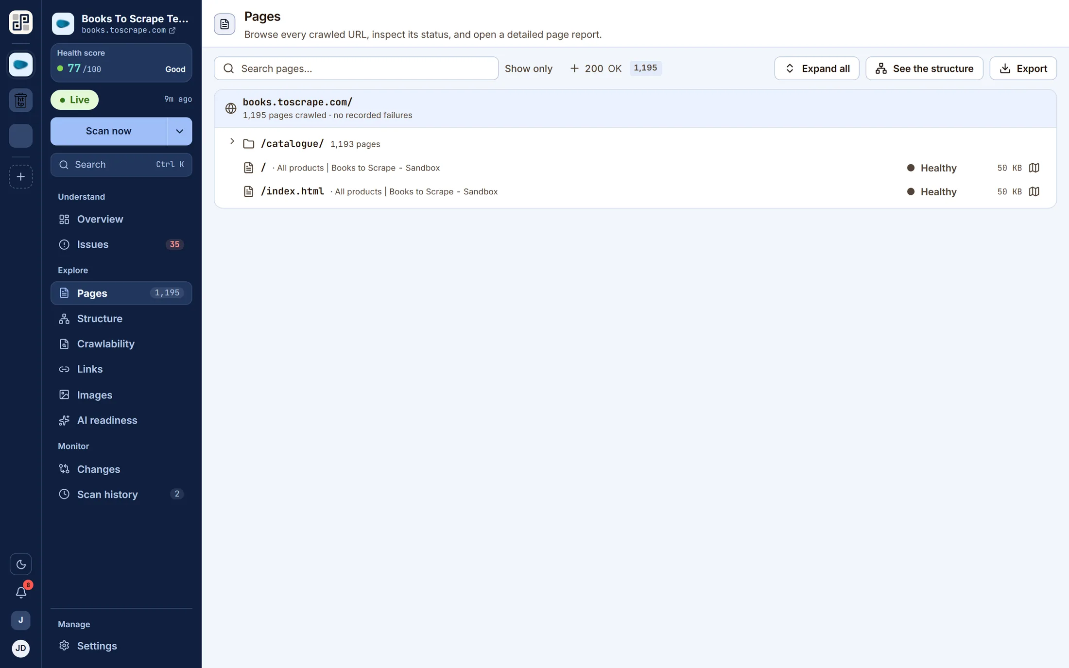 The pages list: crawled URLs with status codes, issue counts and click depth, with a search box and status filter.