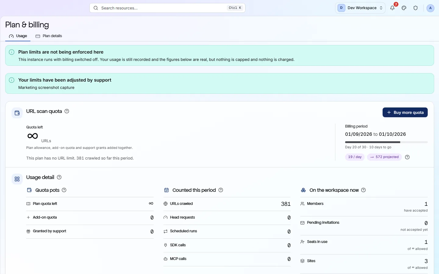 Plan and billing on the Usage tab: a URL scan quota card with quota left, the billing period and a per-day rate with a projection, then a usage detail row of quota pots, what was counted this period, and what is on the workspace now.
