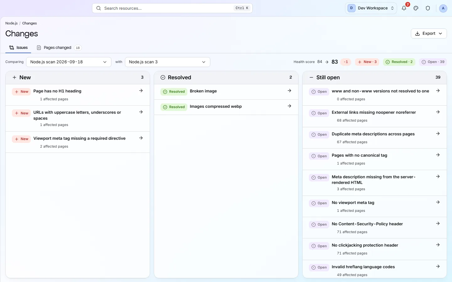 The Changes screen in the product: new, resolved and still-open findings between two scans.
