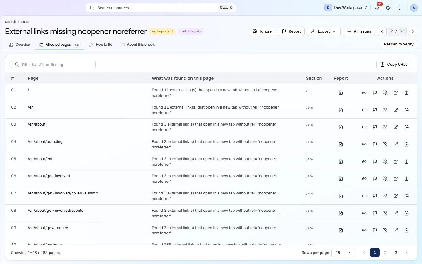 The Affected pages lens: a row per URL with the value found on it, its status badge, and controls to open the page report, open the live page or copy the URL.