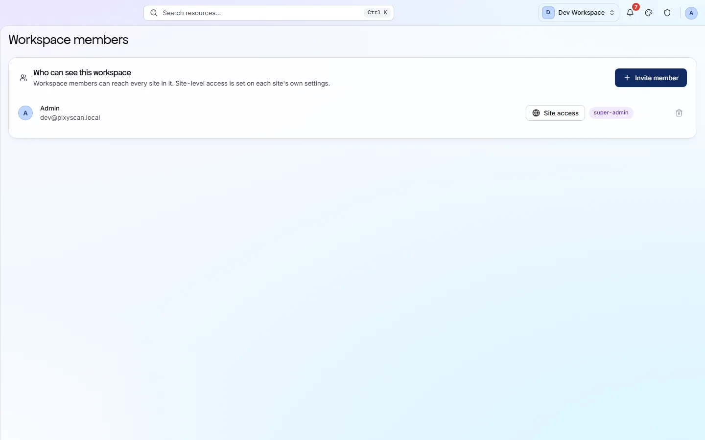 Workspace members: people with their roles, and the invitation flow.