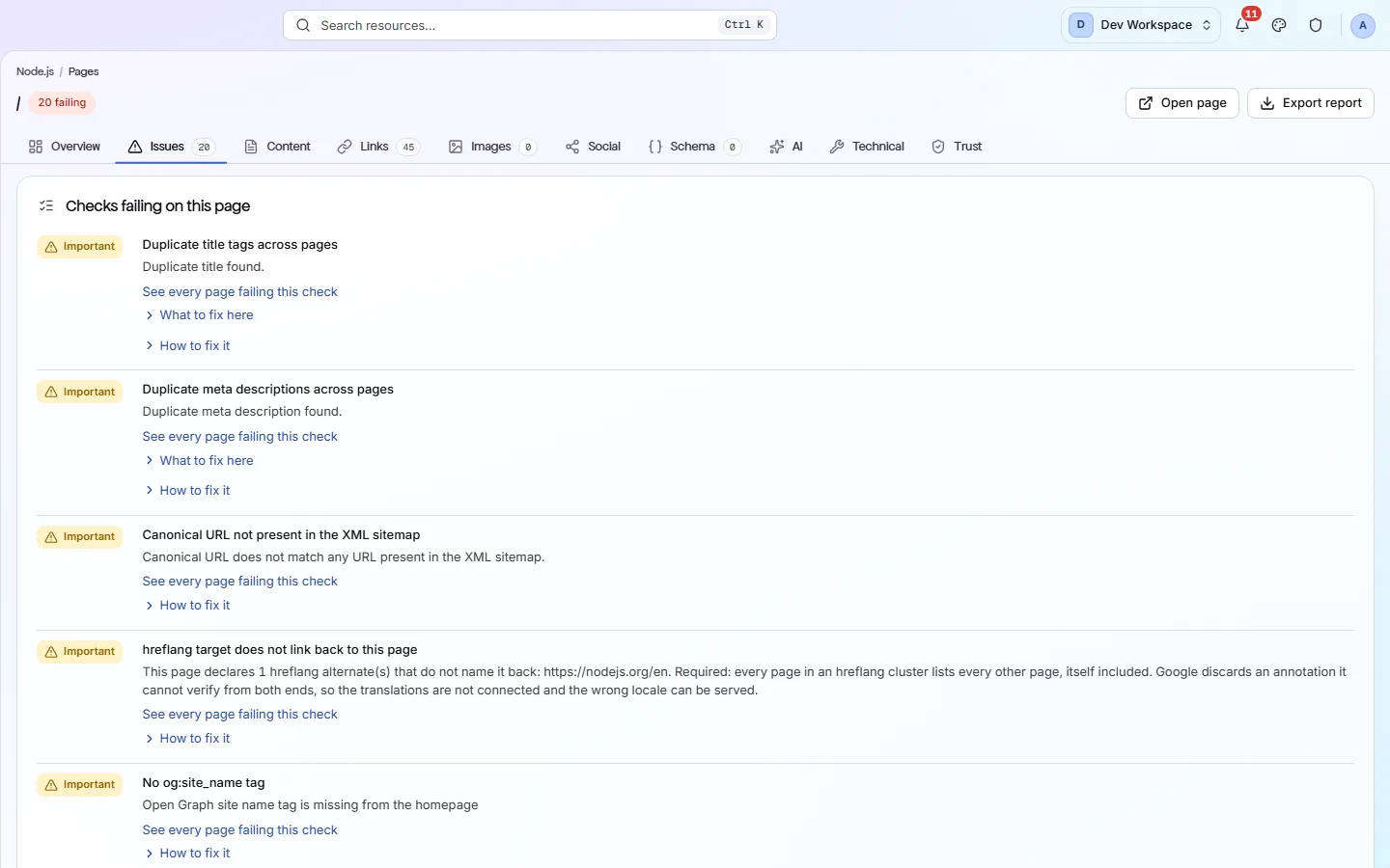 A page report's Issues lens: the findings recorded against this one URL, each with its severity and the points it is costing.