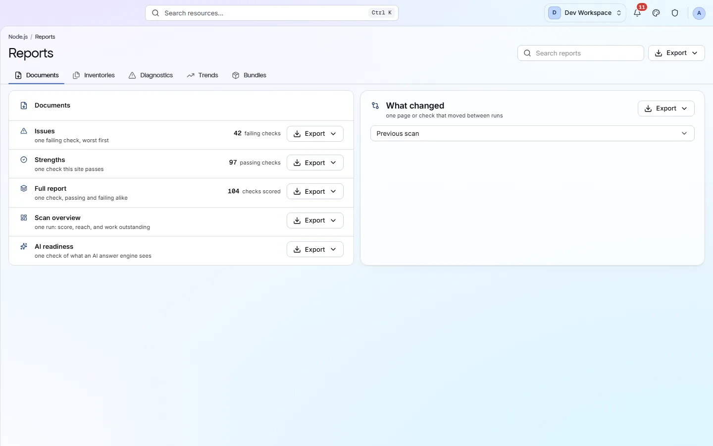 The Reports screen: Documents, Inventories, Diagnostics, Trends and Bundles tabs, a Documents card listing issues, strengths, full report, scan overview and AI readiness with an Export control on each, and a What changed panel with a run picker.