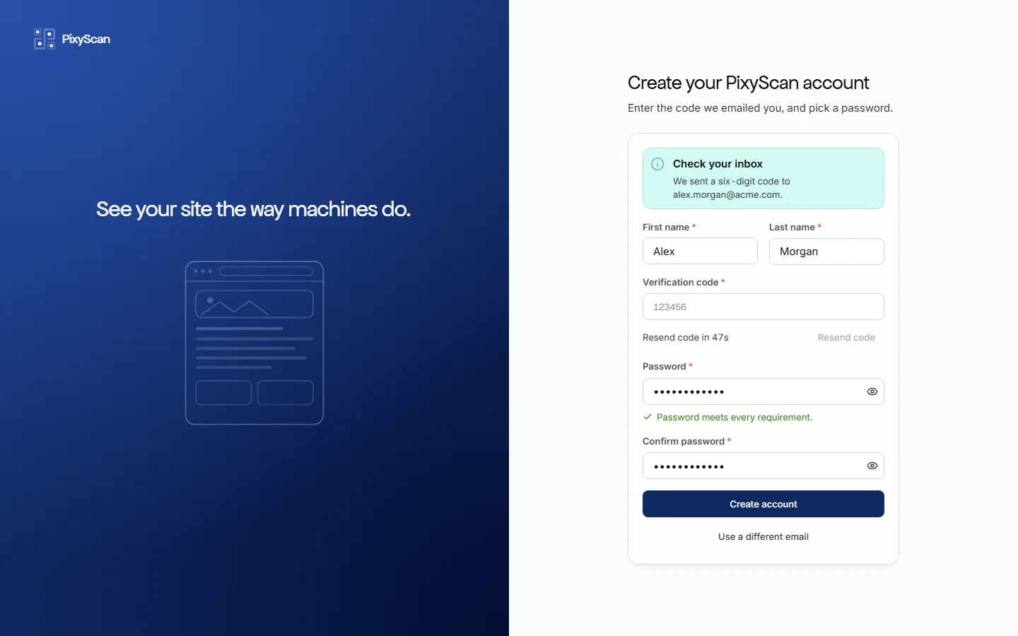 The second sign-up step: an alert confirming where the code was sent, first and last name fields, a verification code field with a resend control, and password and confirm-password fields showing that the password meets every requirement.