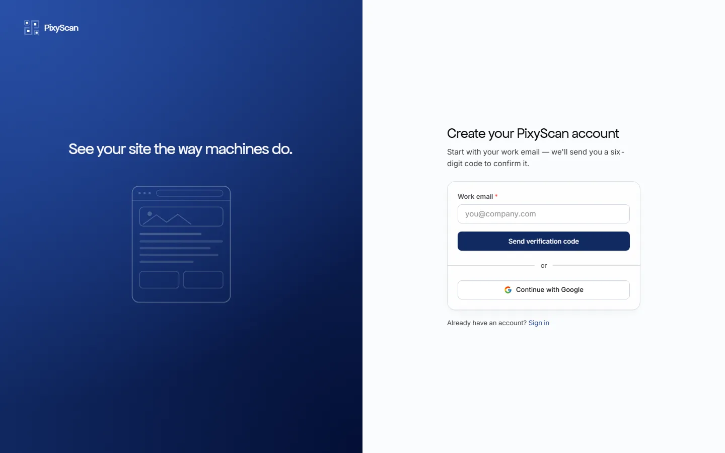 The PixyScan sign-up screen: a work email field, a Send verification code button, and a Continue with Google option below it.