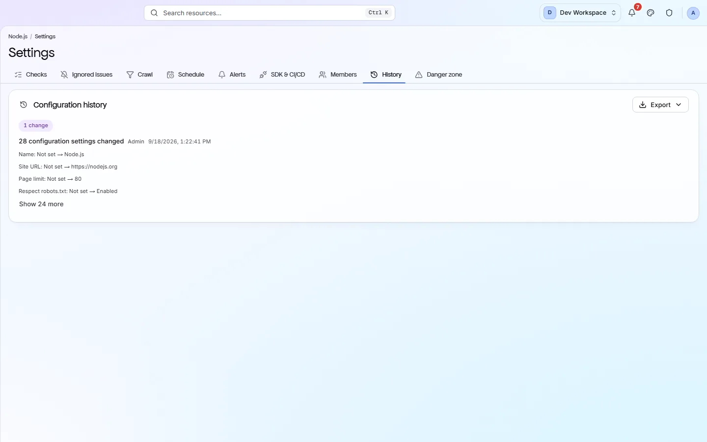 The settings History tab: a record of configuration changes with what was changed and when.
