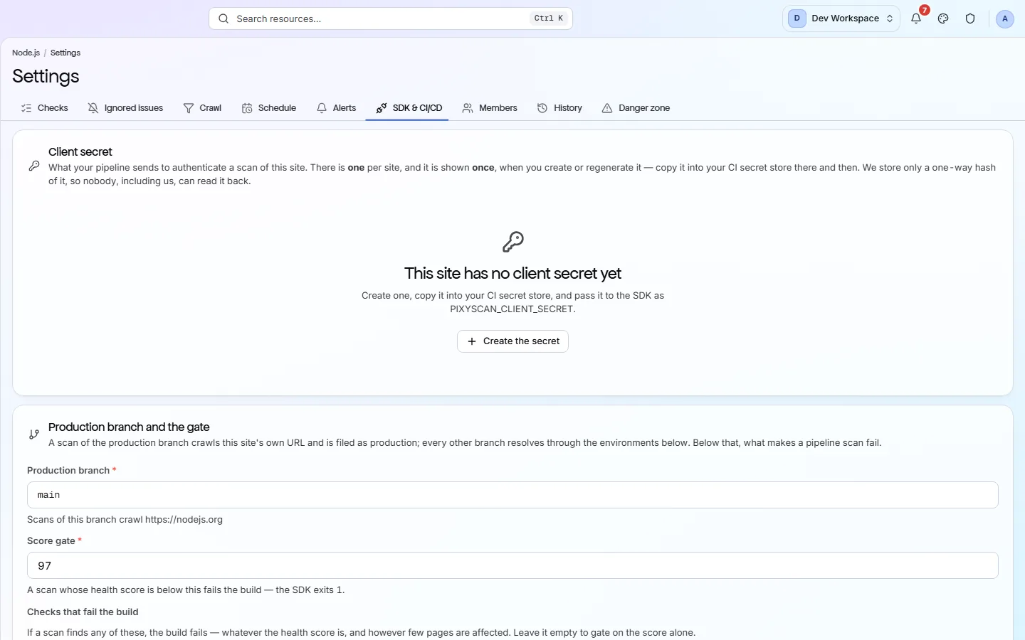 The SDK and CI/CD tab: the site's client secret and the map from branch patterns to environment URLs.