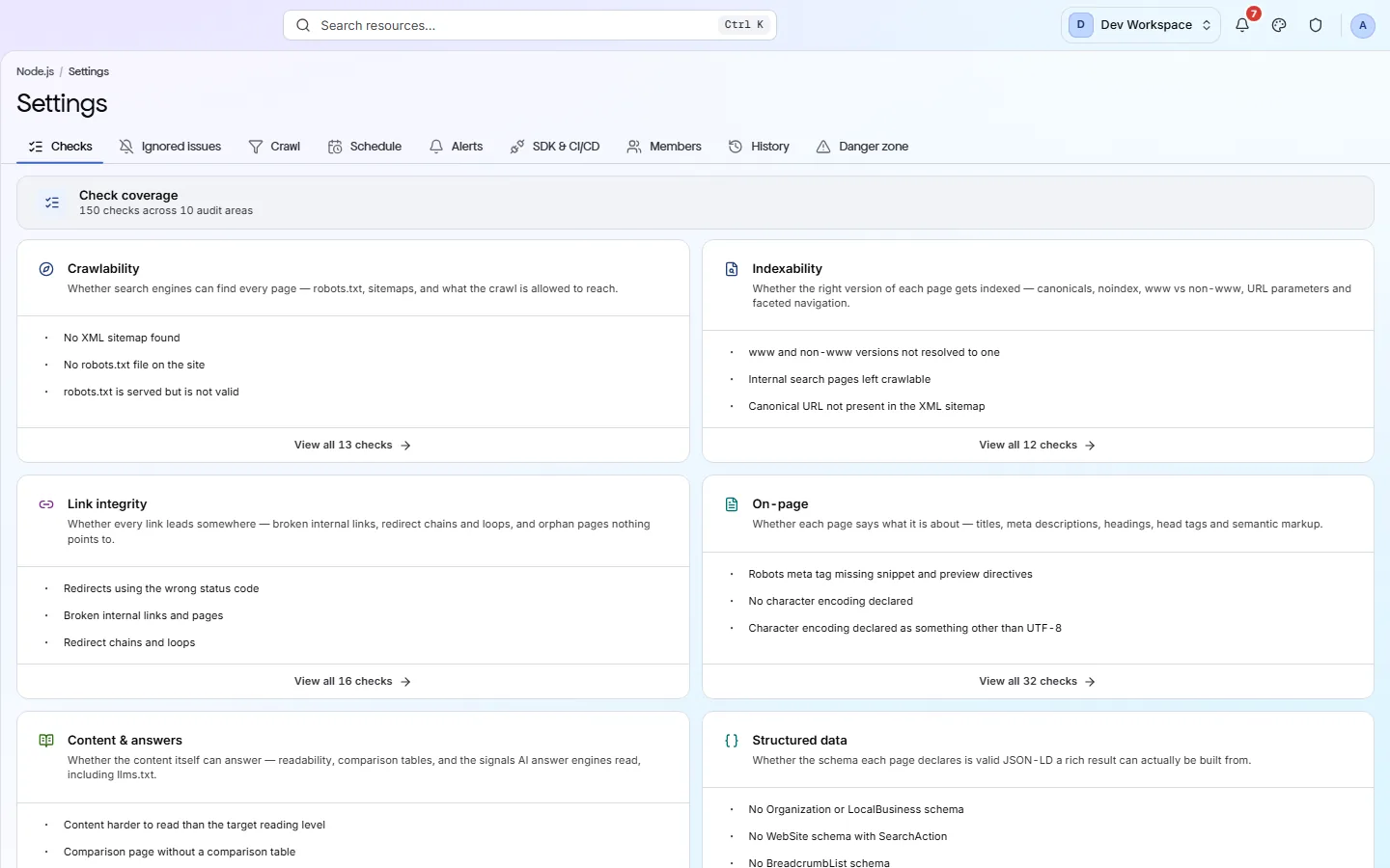 Site settings: the Checks tab, crawl rules, schedule and the SDK and CI/CD tab.