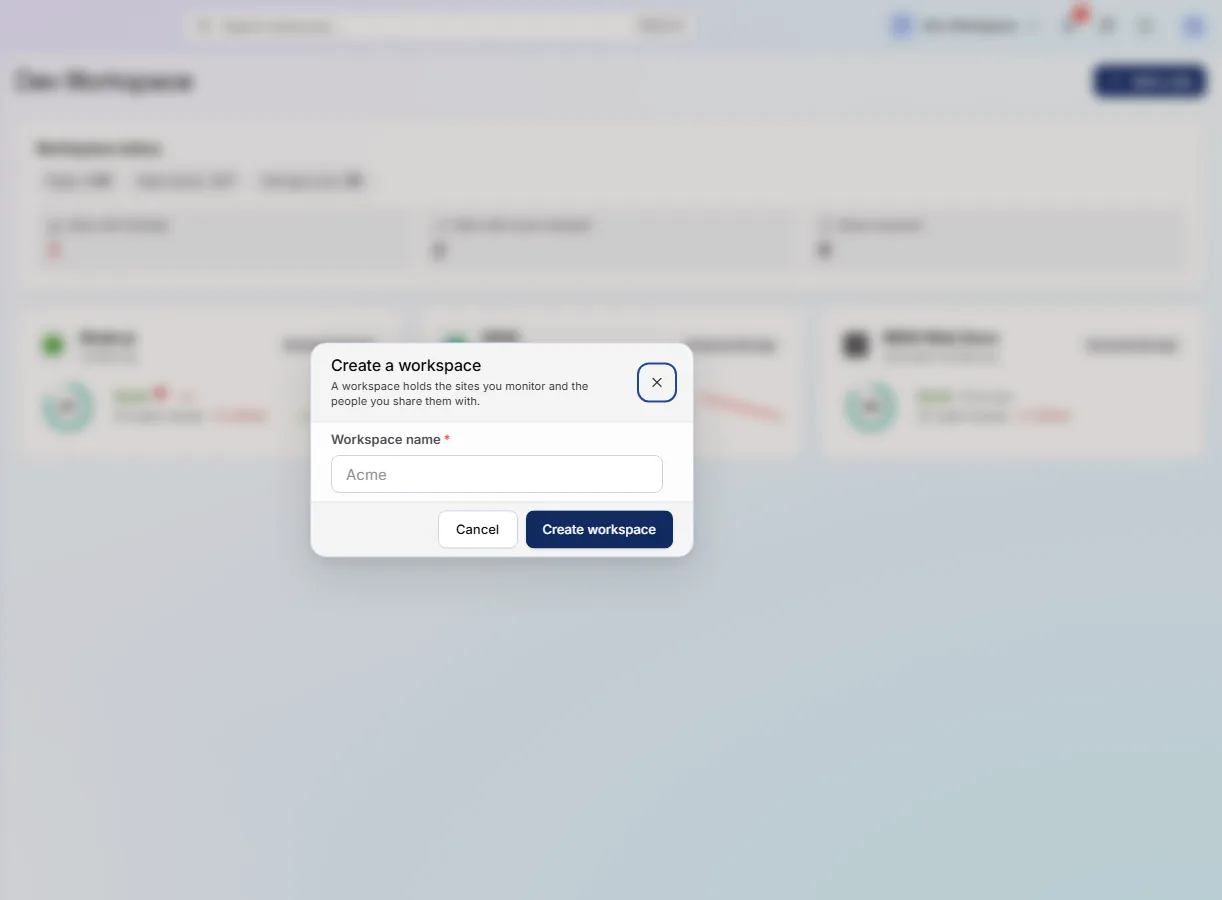 The Create a workspace dialog: a single Workspace name field with a Cancel and a Create workspace button.