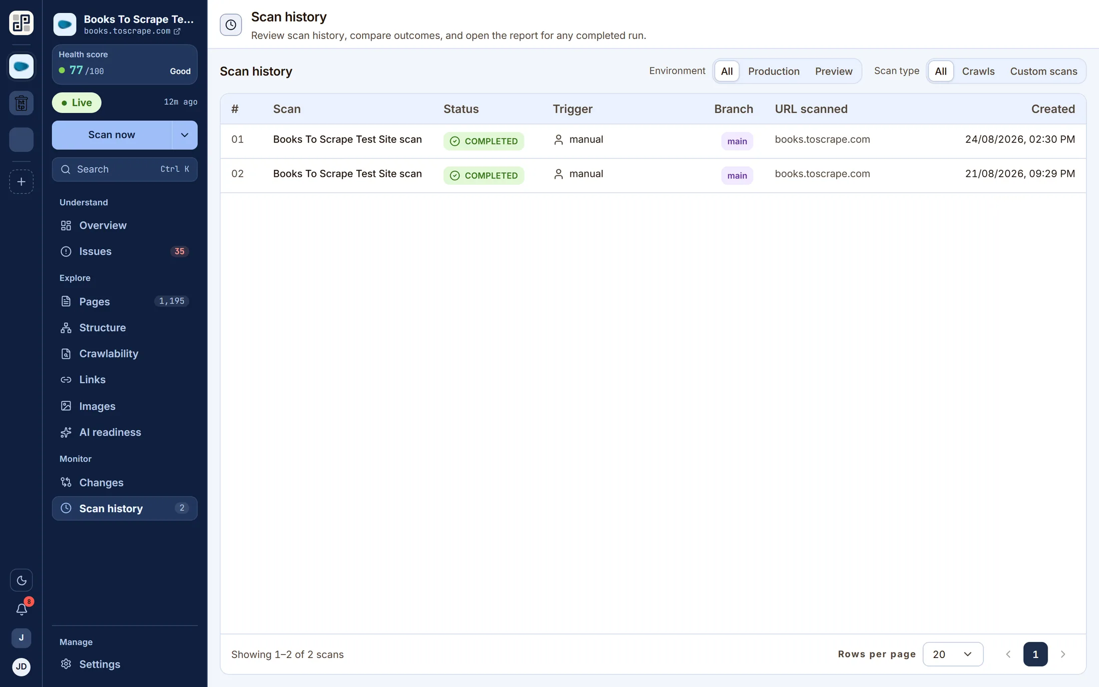 Scan history: past runs with their scores, durations, branches and outcomes.